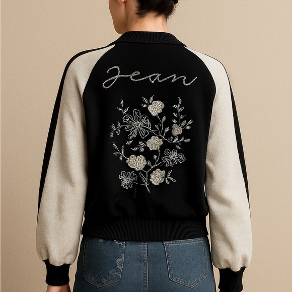 None Jackets & Blazers - Black and White Floral Embroidered Sweater Jacket